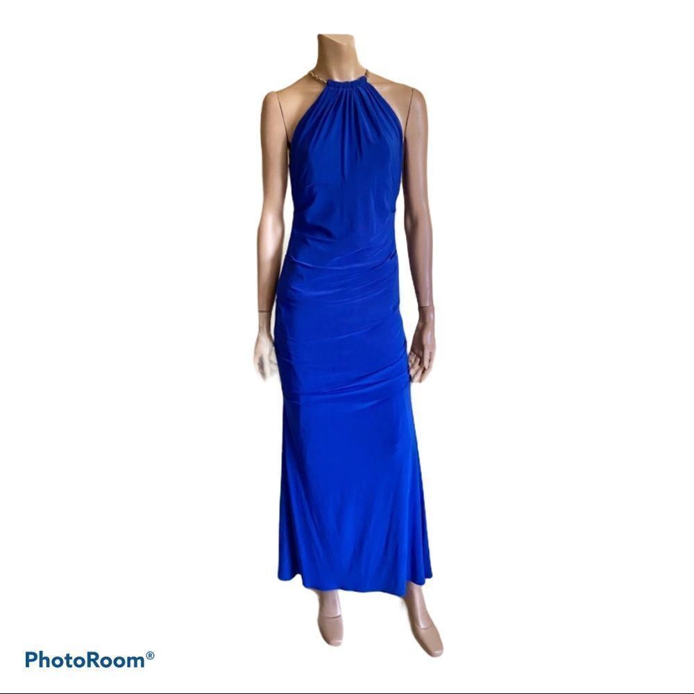 CACHE blue stretchy halter jeweled maxi dress 8